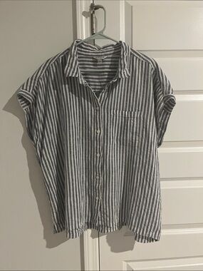 Orvis Navy and White Striped Button-Front Shirt linen